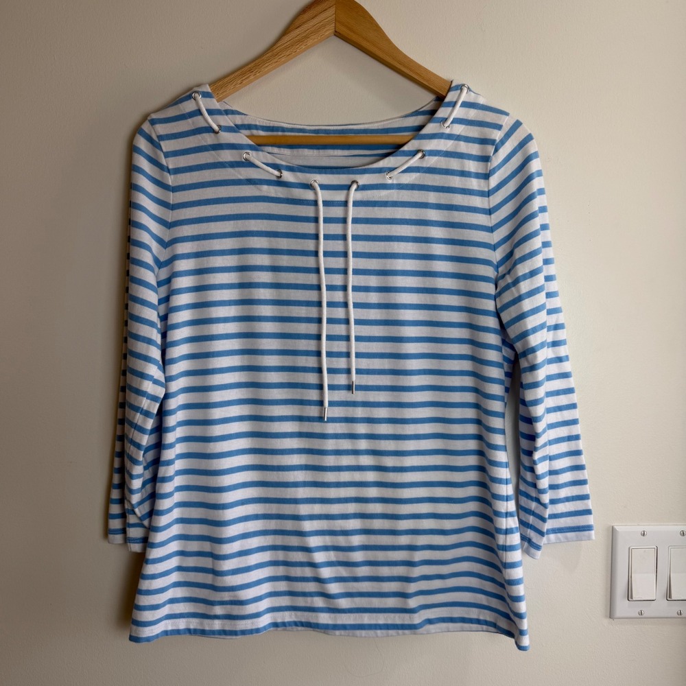 Talbots Striped Boatneck Grommet Tie Top Blue White Womens Medium Nautical